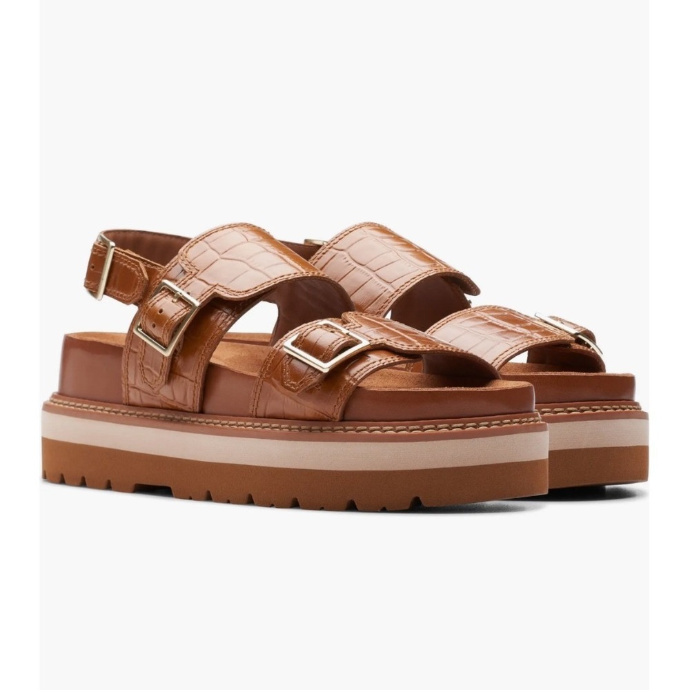 Clarks Orianna Glide Sandals Womens 10.5 Tan Croc Emboss Platform Slingback